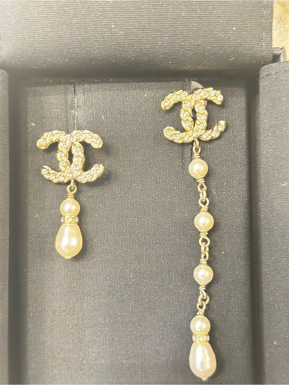 CHANEL Gold-Tone Pearl Drop Asymmetric CC Logo Earrings